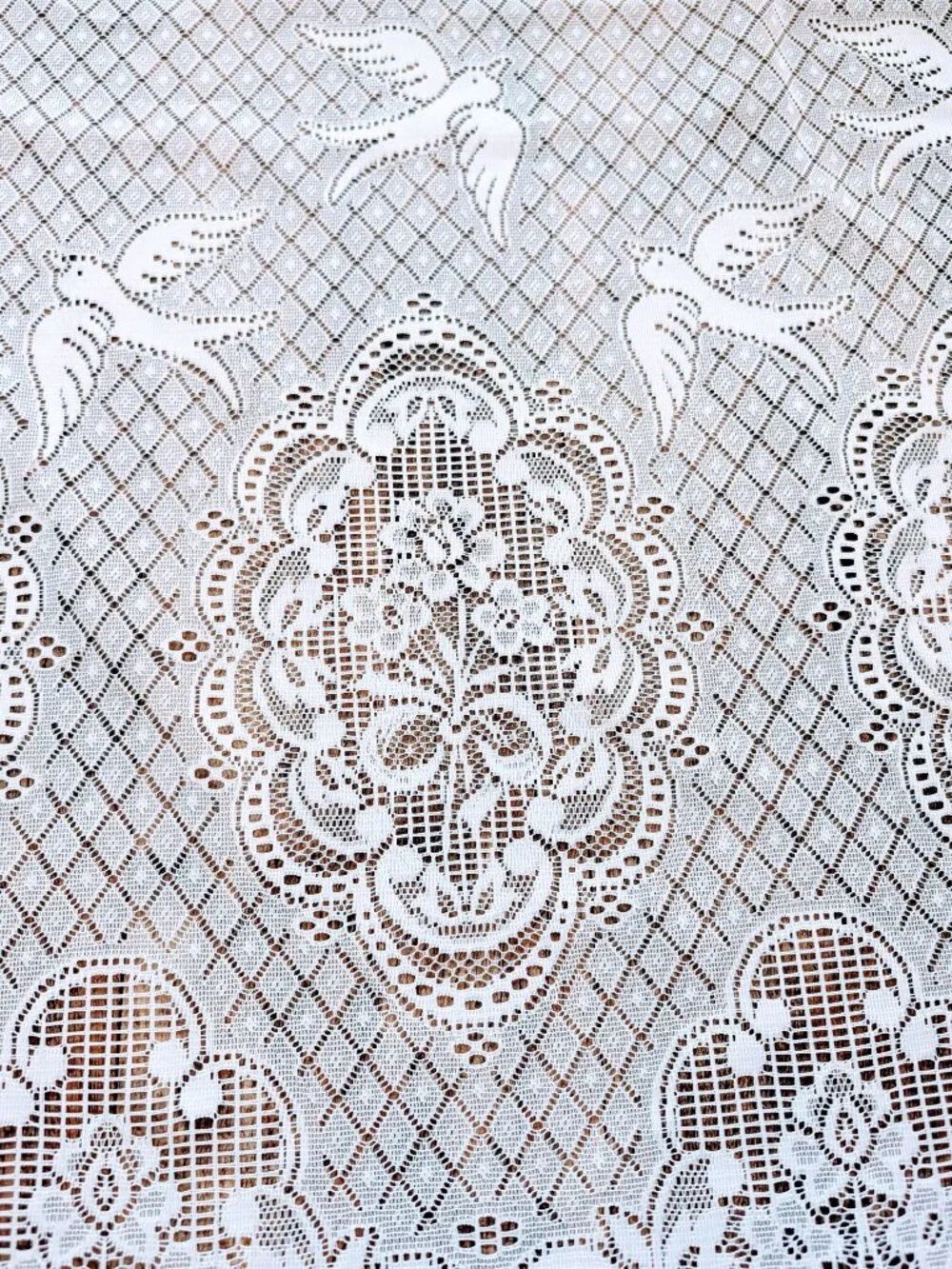 VTG Filet Crochet Lace Curtain Panel Valance White Dove Floral Fringe 176x46 BIG